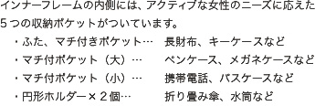 インナーフレームの内側には、アクティブな女性のニーズに応えた5つの収納ポケットがついています。・ふた、マチ付きポケット…長財布、キーケースなど　・マチ付ポケット（大）…ペンケース、メガネケースなど　・マチ付ポケット（小）…携帯電話、パスケースなど　・円形ホルダー×2個…折り畳み傘、水筒など