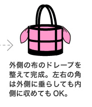 外側の布のドレープを整えて完成。左右の角は外側に垂らしても内側に収めてもOK。 外側の布のドレープを整えて完成。左右の角は外側に垂らしても内側に収めてもOK。